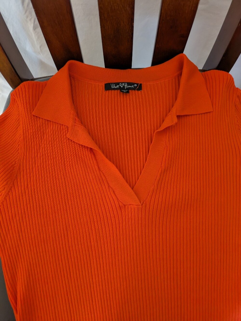 Velvet Heart Bright Orange Ribbed V-Neck Polo Sweater